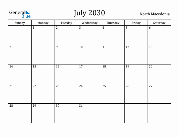 July 2030 Calendar North Macedonia