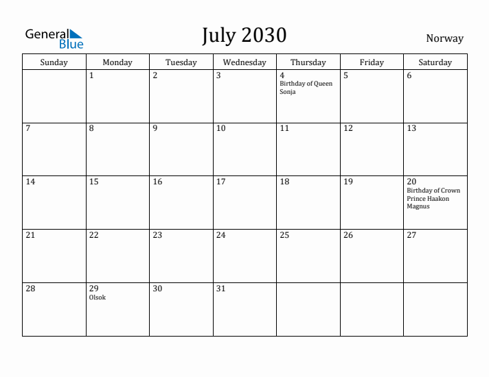 July 2030 Calendar Norway