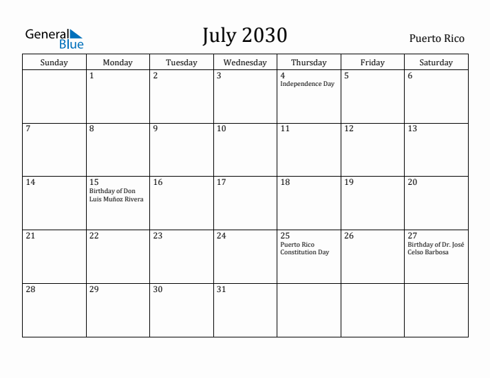July 2030 Calendar Puerto Rico