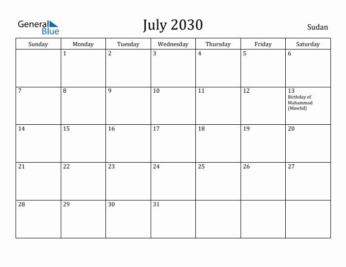 July 2030 Calendar Sudan