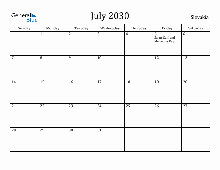 July 2030 Calendar Slovakia