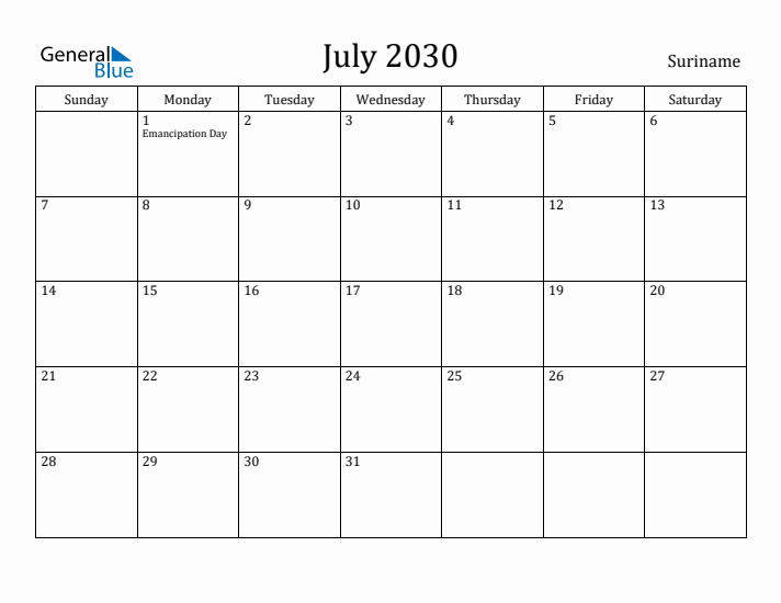 July 2030 Calendar Suriname