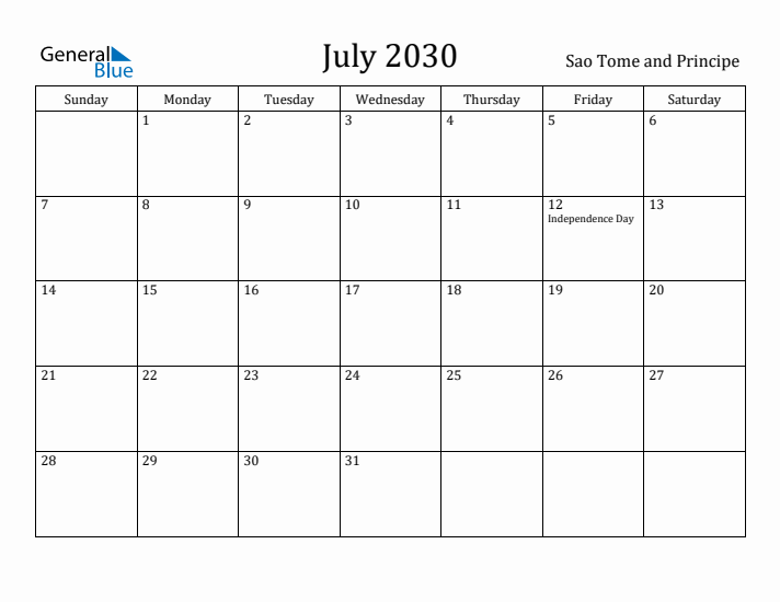 July 2030 Calendar Sao Tome and Principe