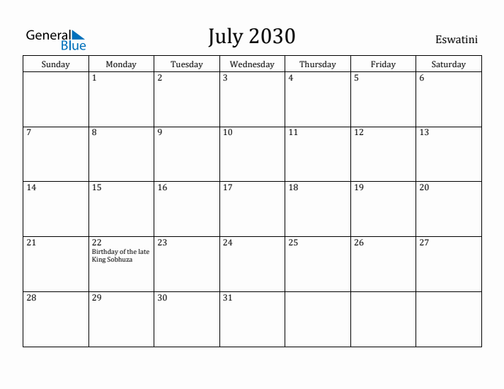 July 2030 Calendar Eswatini