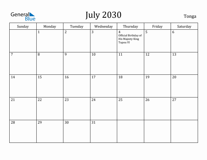 July 2030 Calendar Tonga