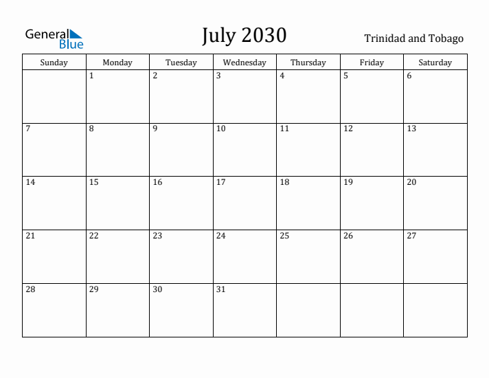 July 2030 Calendar Trinidad and Tobago