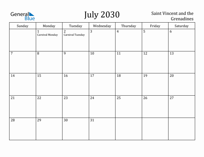 July 2030 Calendar Saint Vincent and the Grenadines