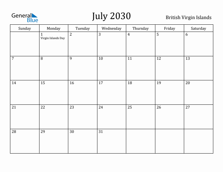July 2030 Calendar British Virgin Islands