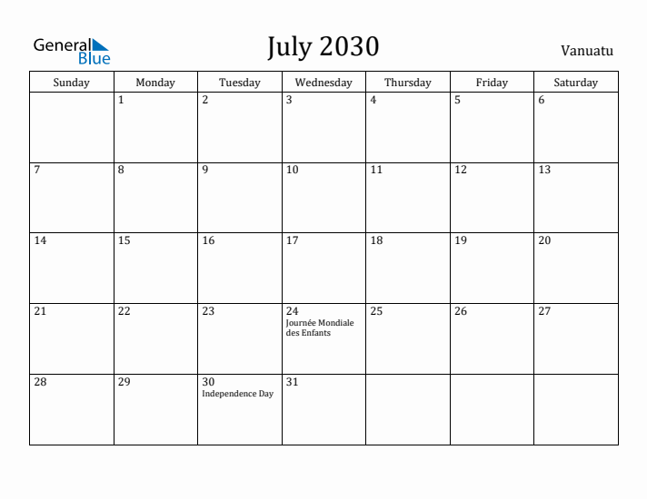 July 2030 Calendar Vanuatu