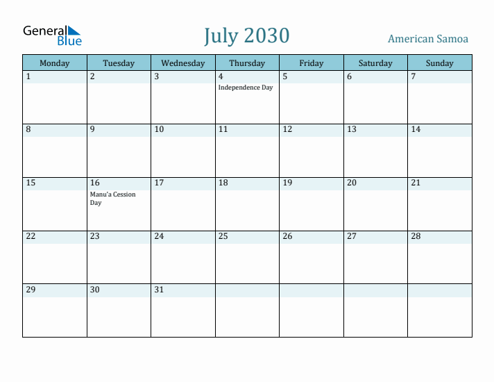 July 2030 Calendar with Holidays