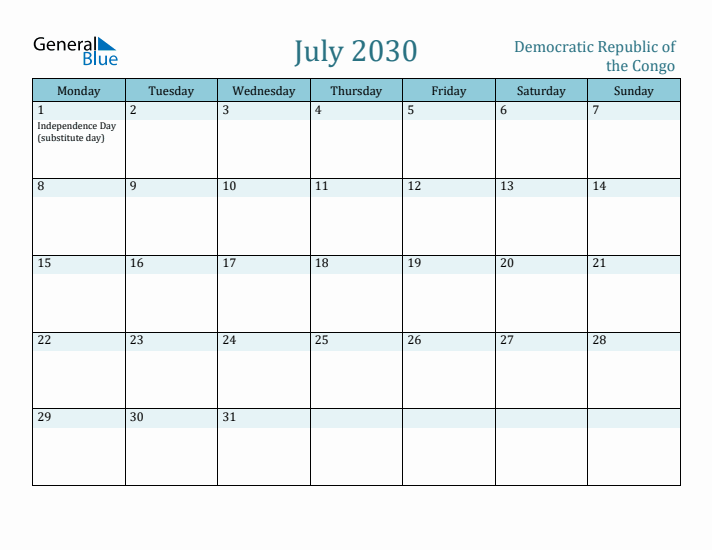 July 2030 Calendar with Holidays