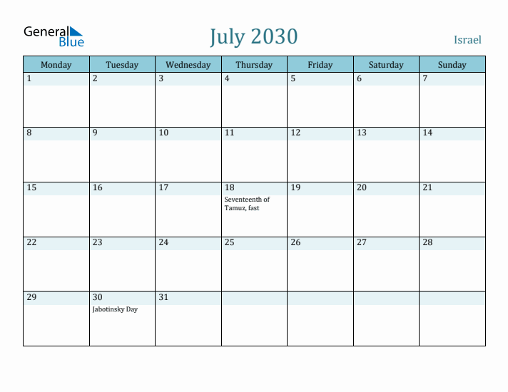 July 2030 Calendar with Holidays