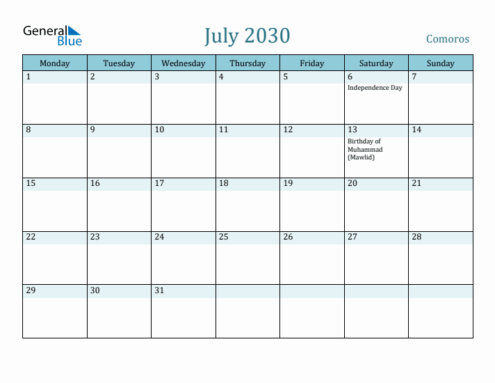 July 2030 Calendar with Holidays