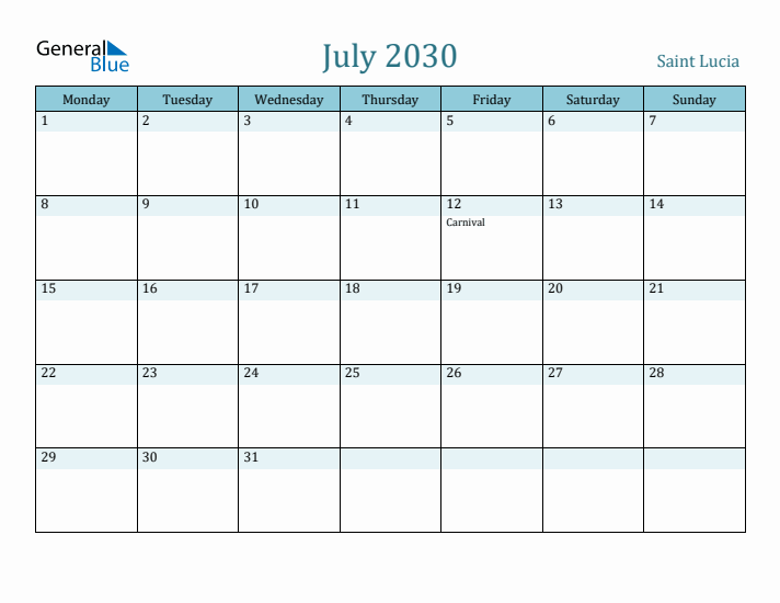 July 2030 Calendar with Holidays