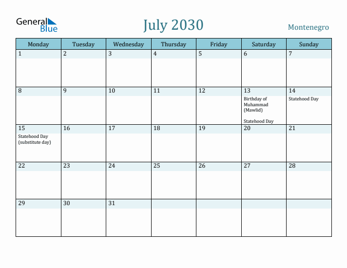 July 2030 Calendar with Holidays