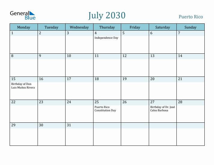 July 2030 Calendar with Holidays