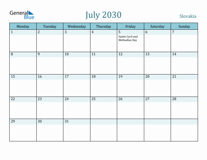 July 2030 Calendar with Holidays