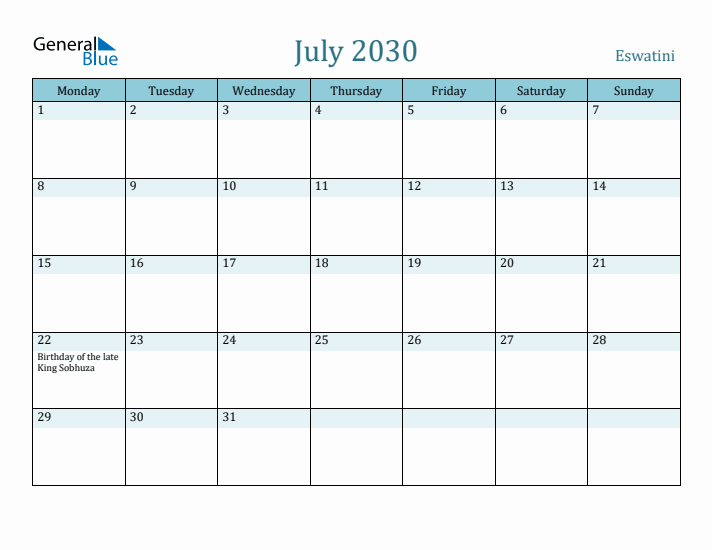 July 2030 Calendar with Holidays