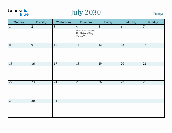 July 2030 Calendar with Holidays
