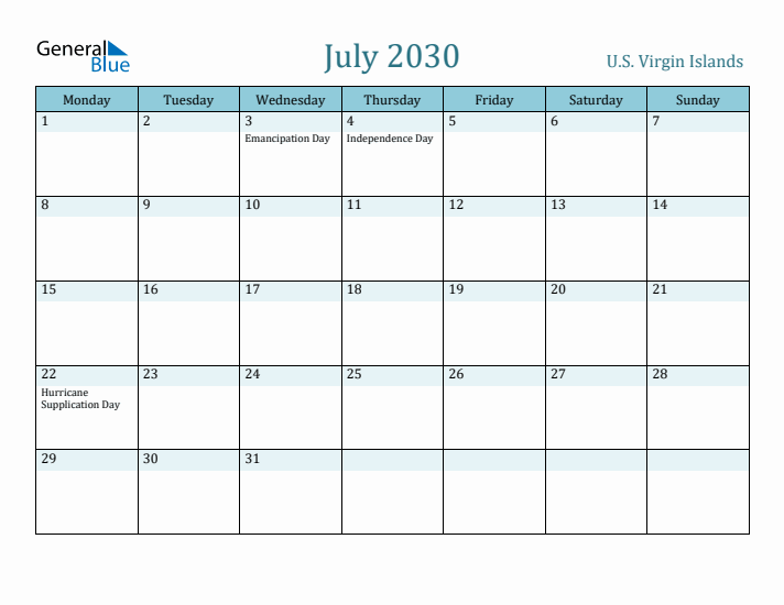 July 2030 Calendar with Holidays
