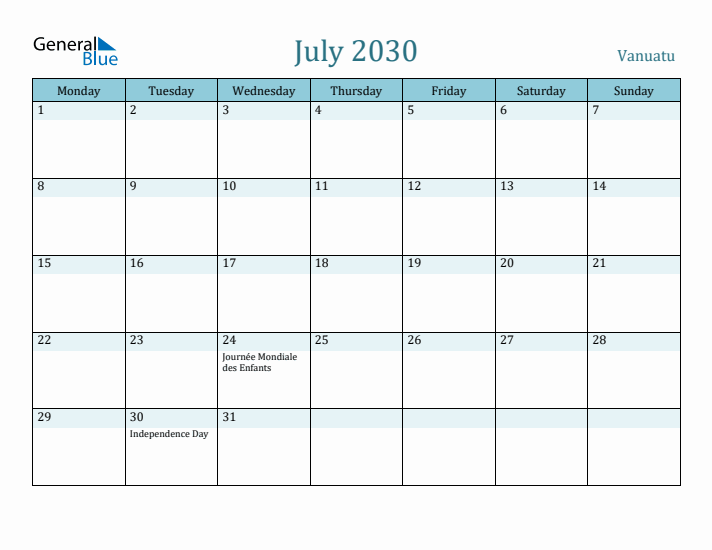 July 2030 Calendar with Holidays