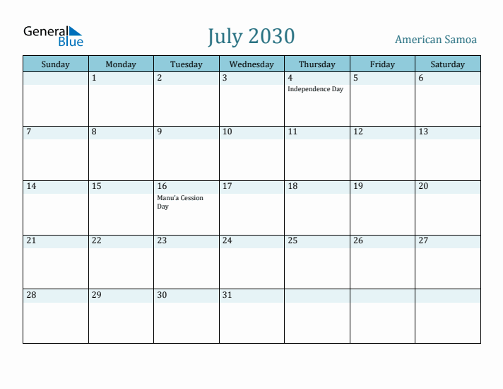 July 2030 Calendar with Holidays
