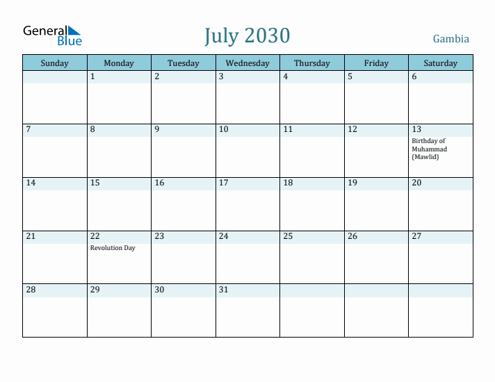 July 2030 Calendar with Holidays