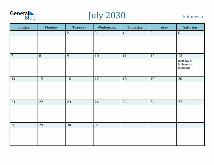 July 2030 Calendar with Holidays
