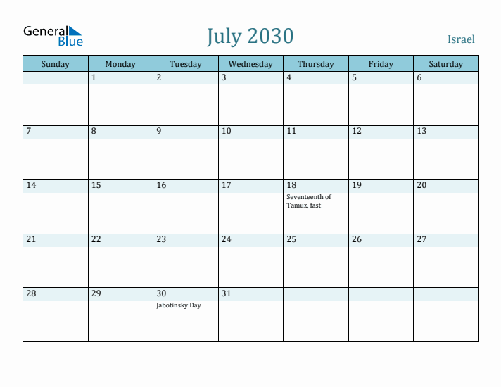 July 2030 Calendar with Holidays