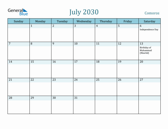 July 2030 Calendar with Holidays