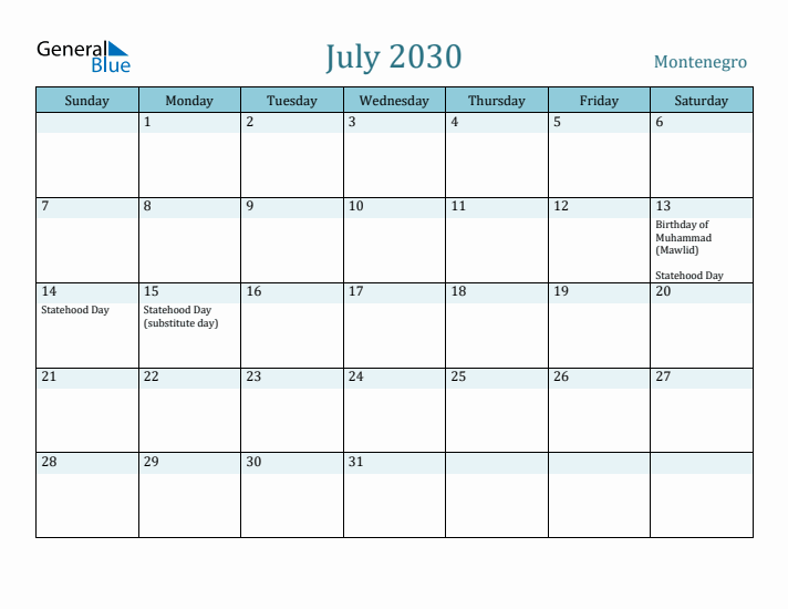 July 2030 Calendar with Holidays
