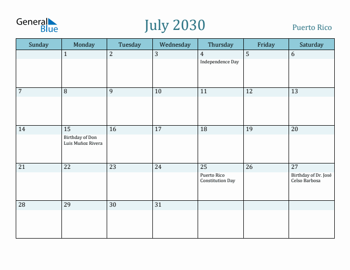 July 2030 Calendar with Holidays