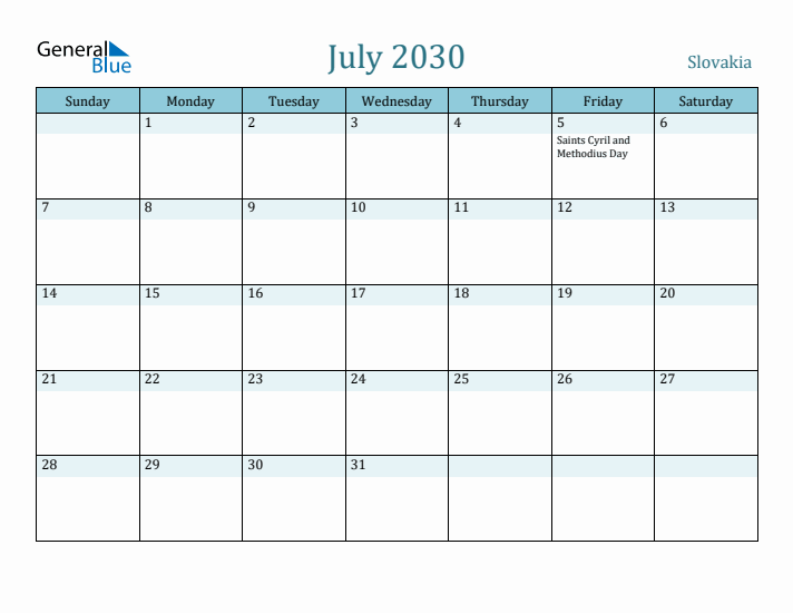 July 2030 Calendar with Holidays