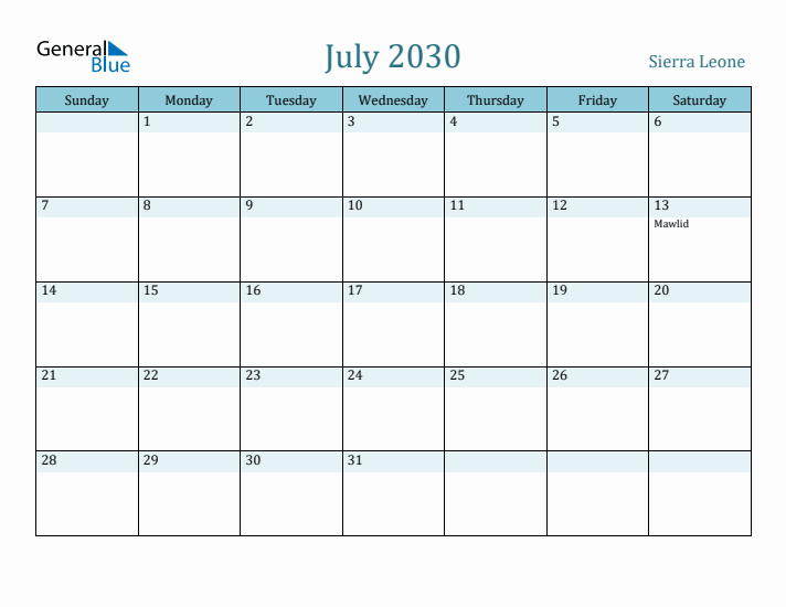 July 2030 Calendar with Holidays