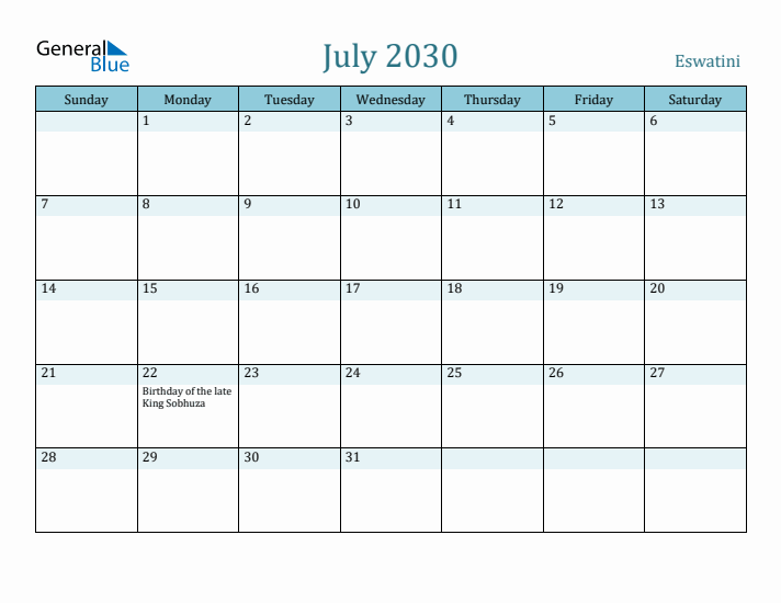July 2030 Calendar with Holidays