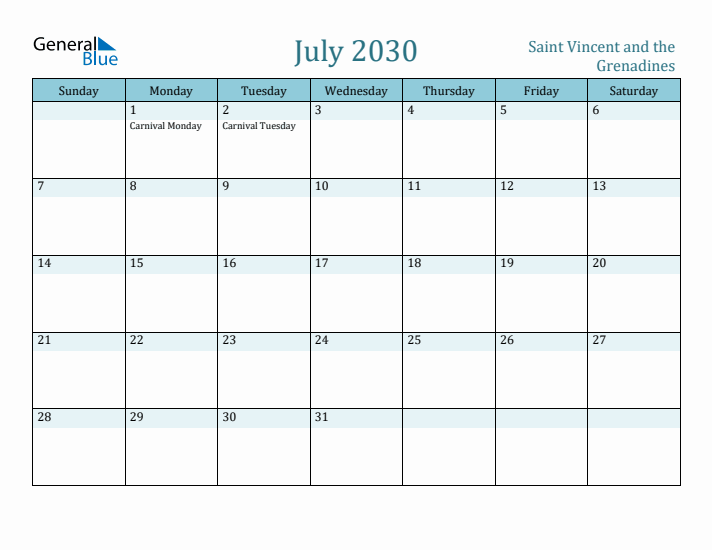 July 2030 Calendar with Holidays