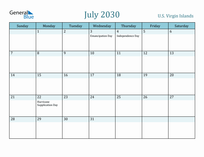 July 2030 Calendar with Holidays