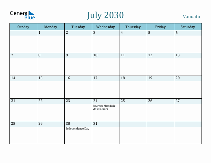 July 2030 Calendar with Holidays