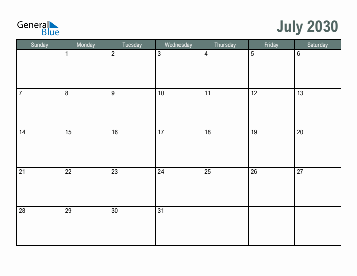 Free Printable July 2030 Calendar
