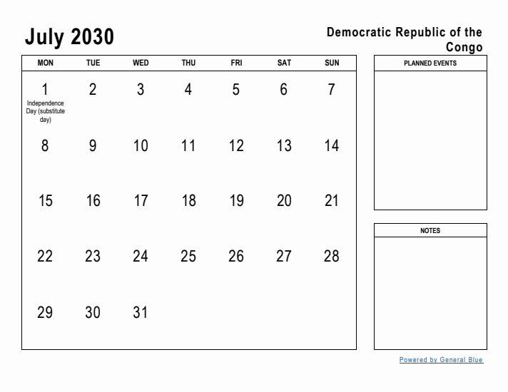 July 2030 Printable Monthly Calendar with Democratic Republic of the Congo Holidays