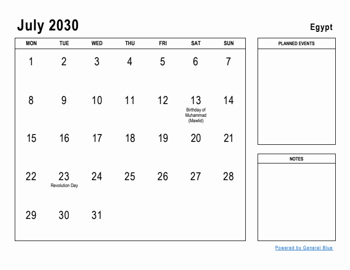 July 2030 Printable Monthly Calendar with Egypt Holidays