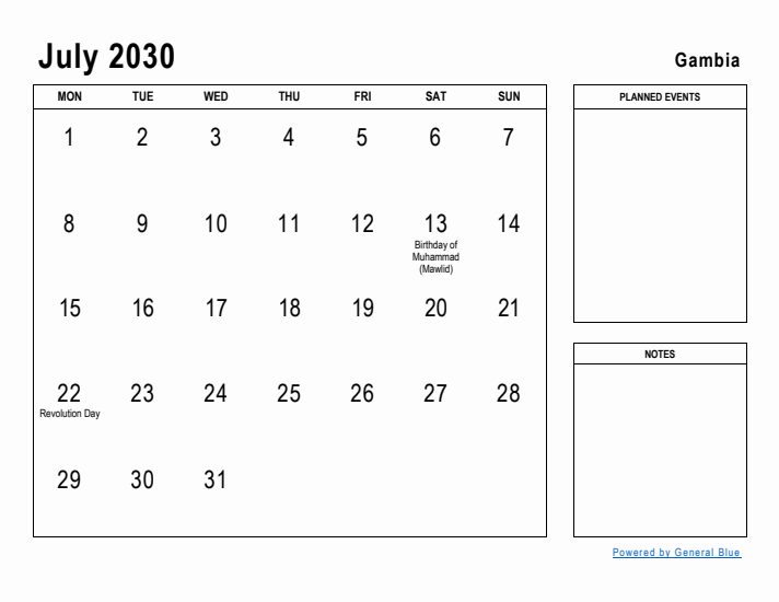 July 2030 Printable Monthly Calendar with Gambia Holidays