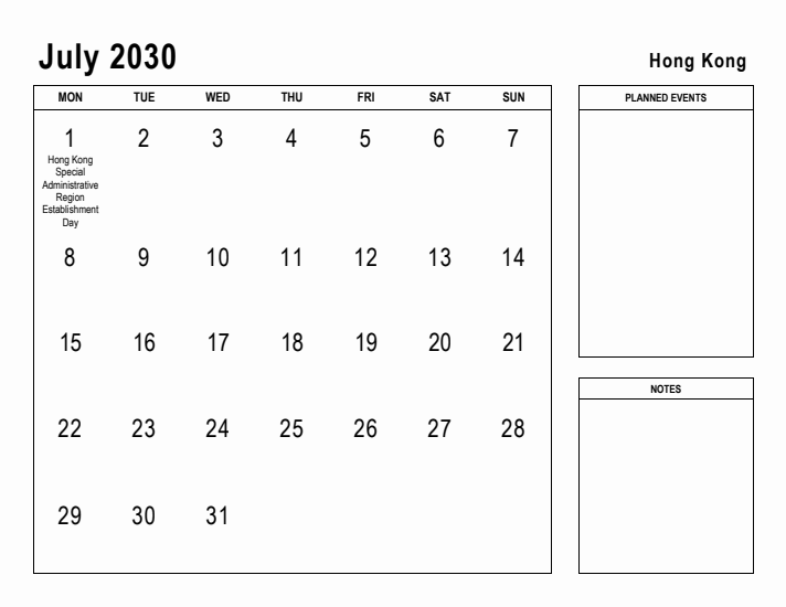 July 2030 Printable Monthly Calendar with Hong Kong Holidays