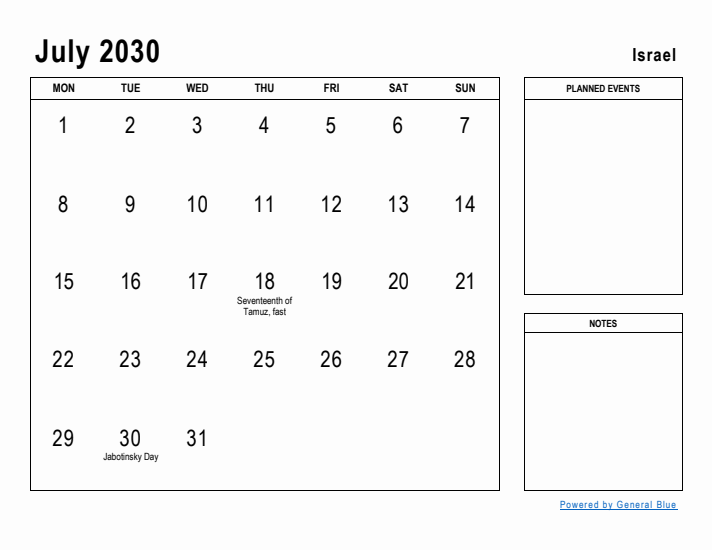 July 2030 Printable Monthly Calendar with Israel Holidays