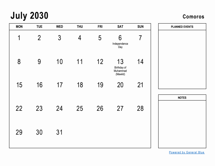 July 2030 Printable Monthly Calendar with Comoros Holidays