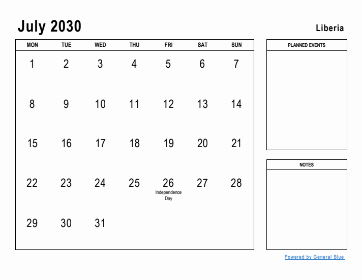 July 2030 Printable Monthly Calendar with Liberia Holidays