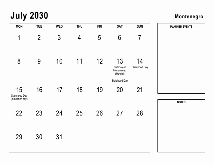 July 2030 Printable Monthly Calendar with Montenegro Holidays