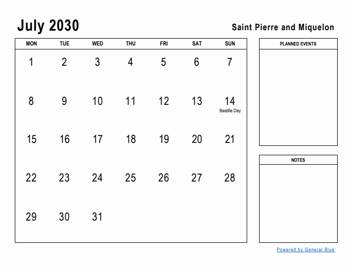 July 2030 Printable Monthly Calendar with Saint Pierre and Miquelon Holidays
