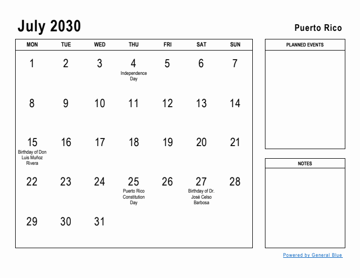 July 2030 Printable Monthly Calendar with Puerto Rico Holidays