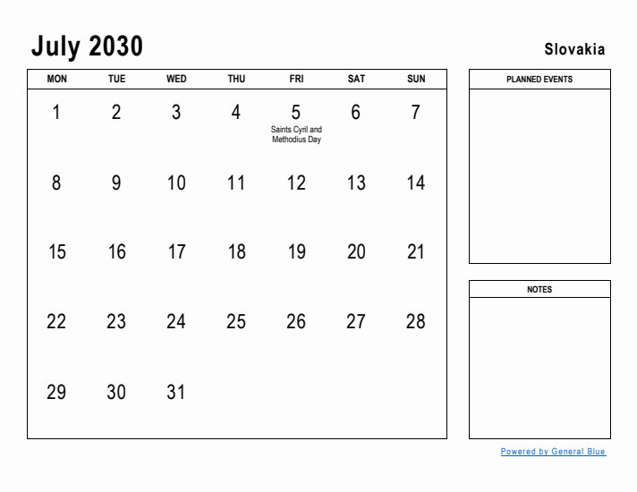 July 2030 Printable Monthly Calendar with Slovakia Holidays